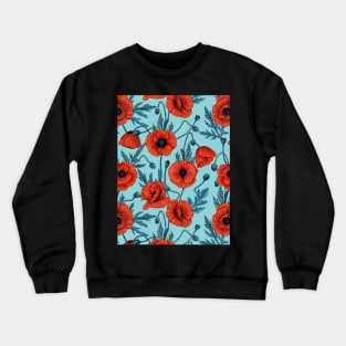 Poppies, red and blue on pool blue Crewneck Sweatshirt